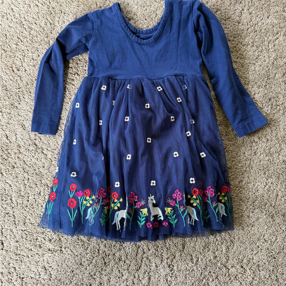 Hanna Andersson Long Sleeve Tulle Navy Dress with Unicorn Embroidery 3T